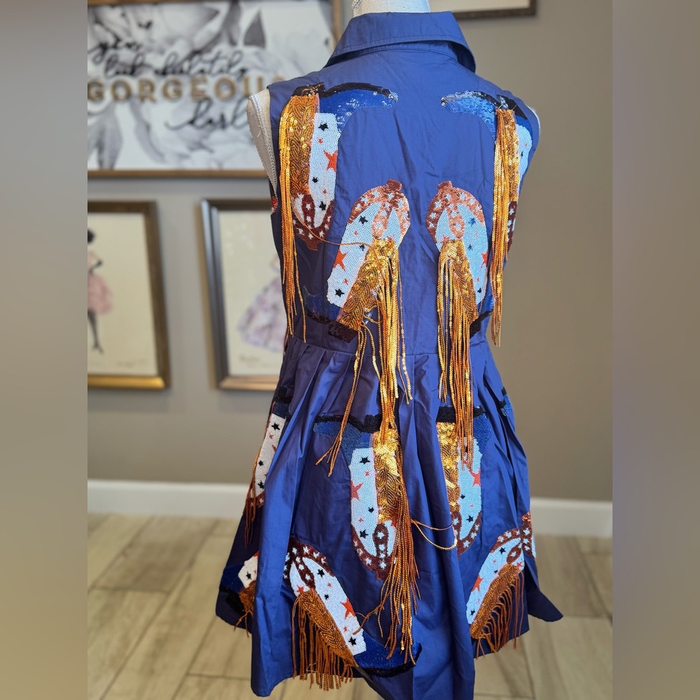New! QUEEN OF SPARKLES Blue and Orange Boot Fringe Mini Dress - Picture 8 of 10